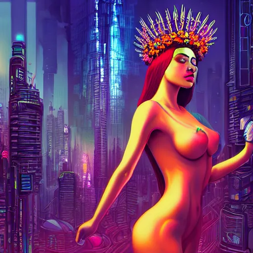 Image similar to Beautiful 3d render of the flower queen in a sensual pose, in the style of Dan Mumford, with a crowded futuristic cyberpunk city in the background, astrophotgraphy