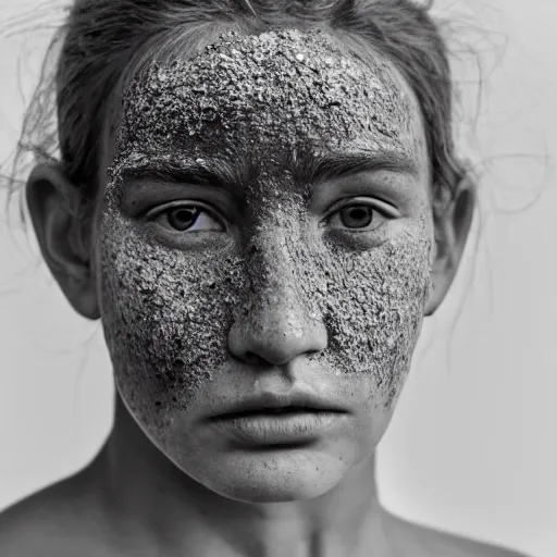 Image similar to minimalist photography portrait of an elaborately adorned neanderthal woman, face mud, symmetrical, super close up, mid thirties, freckles, cute round slanted eyes, sunburnt skin, wide nostrils, high cheekbones, high flat eyebrows, ethereal essence, angelic, leica 1 0 0 mm f 0. 8