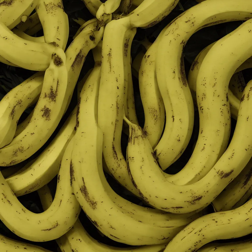 Image similar to circular loop fractal bananas that grow like a banana coral, banana stems, roots. closeup, hyper real, food photography, high quality