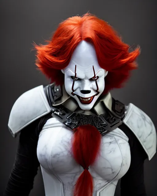 Prompt: red - haired final fantasy white marble pennywise, warframe armor, regal, attractive, ornate, sultry, sexy, beautiful, elize theron, pretty face, green eyes, scifi platform, 4 k, ultra realistic, epic lighting, illuminated, cinematic, black gold, art by alexandra petruk, voidstar