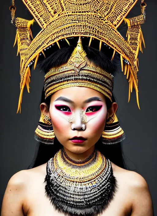 Prompt: a fierce looking beautiful young thai woman with symmetrical white makeup, wearing an intricate headdress made from bones and leather, wearing large earrings made from white bones, in the style of a national geographic portrait, radiant light, detailed and intricate