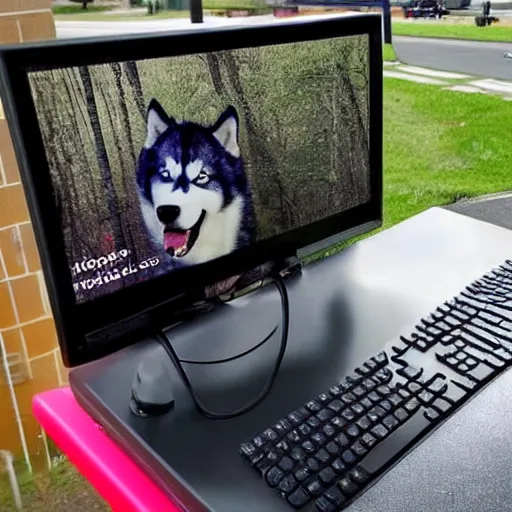 Image similar to a very big husky dog using his old lenovo desktop to search the internet for how to use Discord, there is a McDonalds across the street from the dog's house