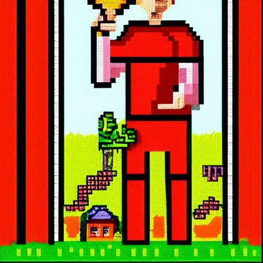 Image similar to pixel art of a farmer in a cathedral holding a red basketball