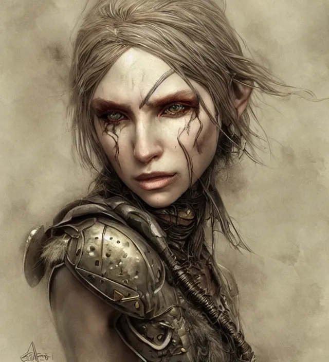 Image similar to hyper realistic portrait of postapocalyptic elf woman, cinematic, symmetrical face, dark crystal, artstation, cgsociety, alan lee, brian froud jean baptiste monge, scott radke