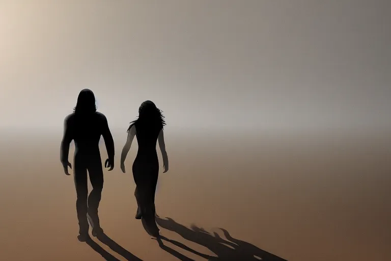 Prompt: a shadowy man and a beautiful pale woman with long black hair walk across the desert with mist in the background, extremely detailed, concept art, trending on artstation,