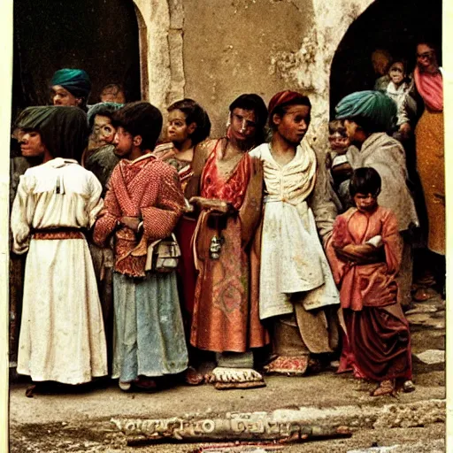 Prompt: poor children beg for money from nobles at the bazar. ancient roman times. cinematic, old photo