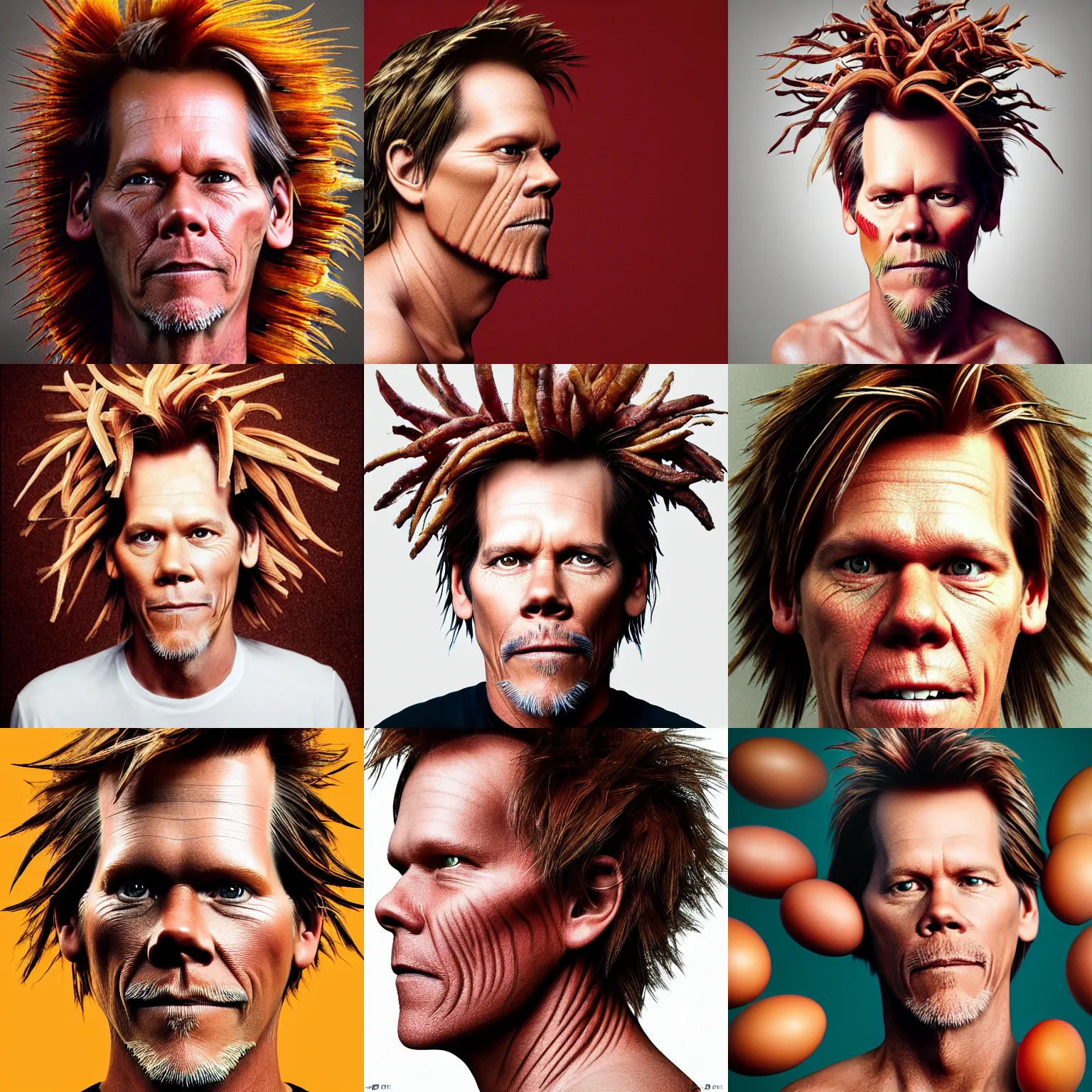 Prompt: a photo of kevin bacon, his hair is made of bacon, his eyes made of eggs, rendered in octane by arcimboldo