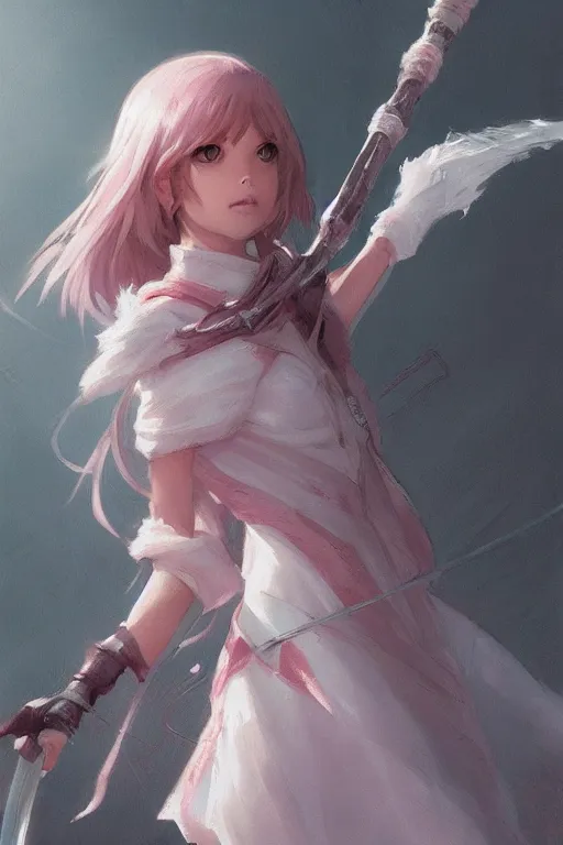 Image similar to 3 / 4 portrait of a cute white mage with a staff, soft, pink, artgerm and and greg rutkowski, trending on artstation