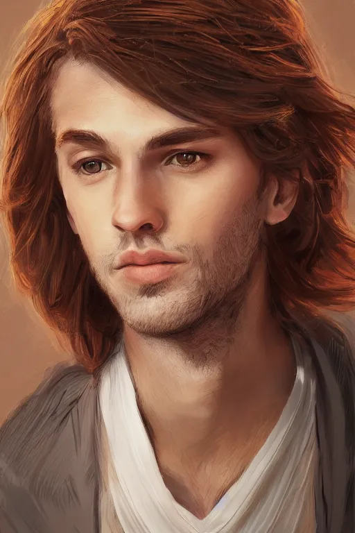 Image similar to portrait of a handsome man with light brown hair with sparkling hazel eyes, art by Christopher Doyle, stylized, detailed, pastel colors, warm tones, Trending on artstation, artstationHD, artstationHQ, 4k, 8k