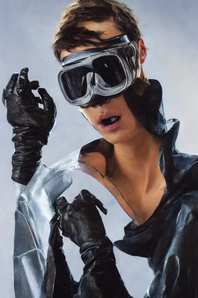 Prompt: digital fashion, androgynous person, tactical poncho latex rags, wearing goggles, techwear, iridiscent light, high key, cinematic lighting at night, neon, phil hale, boris vallejo, alberto mielgo, patrick o'keeffe