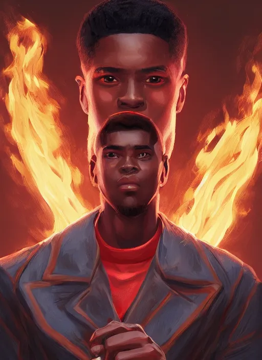 Prompt: a highly detailed illustration of attractive young african guy with flat top hair wearing red jacket, dramatic standing holding fire in hand pose, intricate, elegant, highly detailed, centered, digital painting, artstation, concept art, smooth, sharp focus, league of legends concept art, wlop