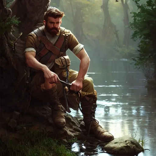 Image similar to young rugged ranger sitting by a stream, muscular thighs, D&D, fantasy, intricate, cinematic lighting, highly detailed, digital painting, artstation, concept art, smooth, sharp focus, illustration, art by Artgerm and Greg Rutkowski and Alphonse Mucha