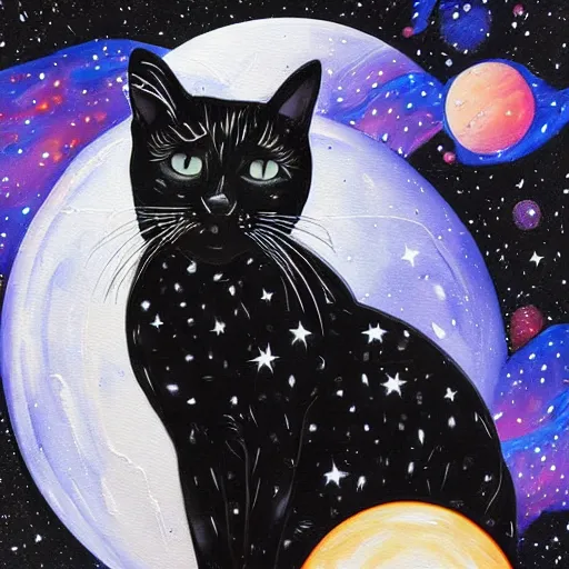 Image similar to a painting of a black and white cat in a cosmic scenic environment by sandra chevrier, hyperdetailed, beautiful, stars, planets, nebula, trending on artstation