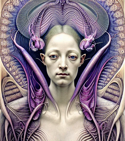 Prompt: detailed realistic beautiful orchid mantis goddess face portrait by jean delville, gustave dore, iris van herpen and marco mazzoni, art forms of nature by ernst haeckel, art nouveau, symbolist, visionary, gothic, neo - gothic, pre - raphaelite, fractal lace, intricate alien botanicals, ai biodiversity, surreality, hyperdetailed ultrasharp octane render