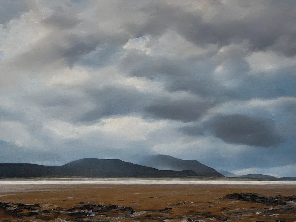 Prompt: beautiful oil painting of dramatic weather over Luskentyre beach, Isle of Harris Scotland