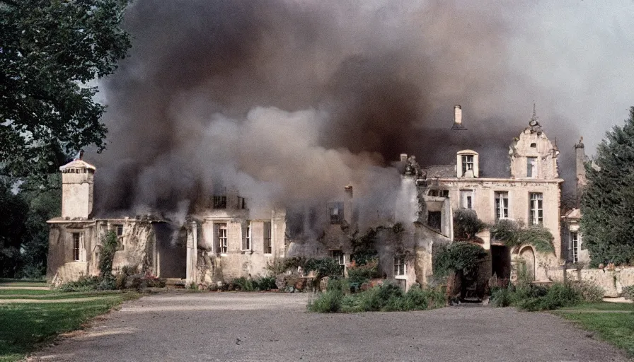 Image similar to 1 9 7 0 s movie still of a heavy burning french style manor in a small french village, cinestill 8 0 0 t 3 5 mm, heavy grain, high quality, high detail, dramatic light, anamorphic, flares