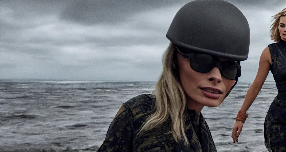 Prompt: cinematic shot of margot robbie in military gear walking out of the ocean, cinematic diffuse lighting, cloudy weather