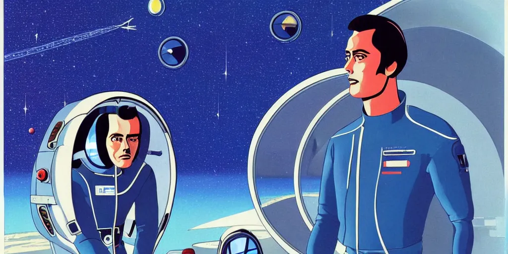 Image similar to a portrait of lonely single Alain Delon alone pilot in spacesuit posing in symmetrical spaceship station landing laying lake artillery porthole captain bridge outer worlds hyper contrast in FANTASTIC PLANET La planète sauvage animation by René Laloux