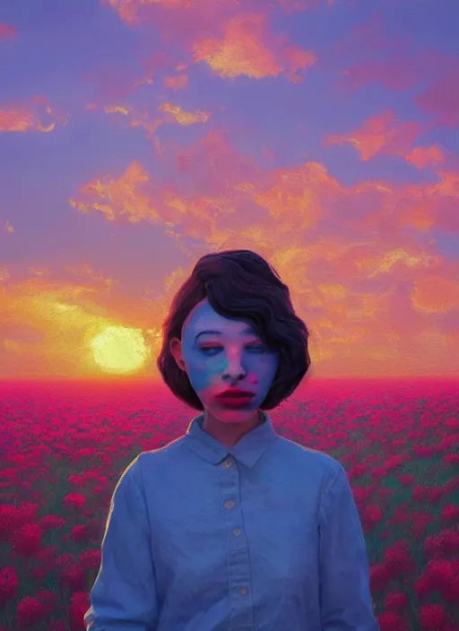 Image similar to portrait of a woman, face made of giant carnation, flower field, surreal photography, sunset dramatic light, impressionist painting, colorful clouds, large sky, digital painting, artstation, simon stalenhag