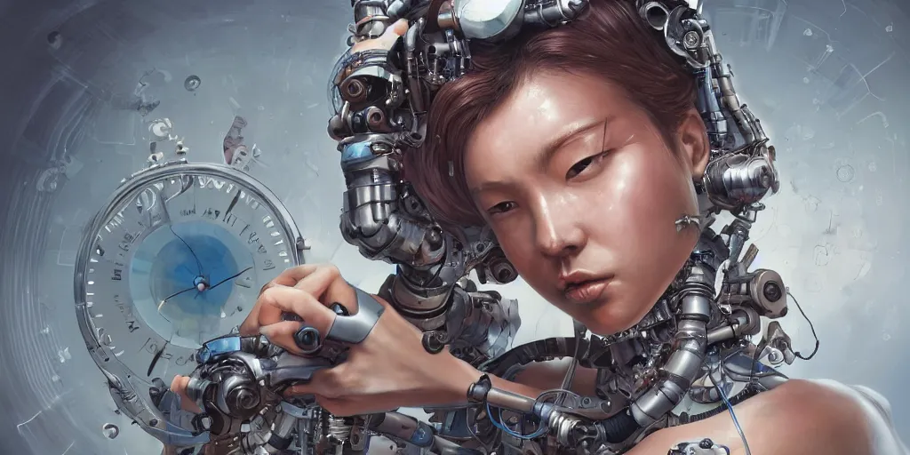 Image similar to hyperrealistic photography of a female scientist cyborg constructing a time machine in the style of Jin Kagetsu, James Jean and wlop, highly detailed, masterpiece, award-winning, sharp focus, intricate concept art, digital painting, ambient lighting, 4k, artstation