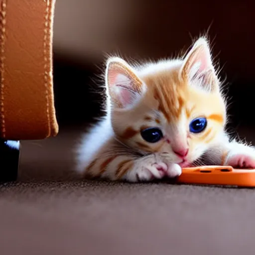 Image similar to cute kitten playing on mobile phone, orange and white