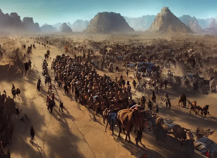 Image similar to overhead view of a the big large expedition with a very crowd of adventurers being brought by gigantic mammals carrying stuff towards the desert of duhnes medium shot, key art by craig mullins, bloom, dramatic lighting, cinematic, high details