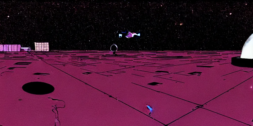 Prompt: ground angle shot of a space port at night, retro punk, ink by Frank Miller, cinematography by Jim Jarmusch, composition by Hale Woodruff, soundtrack by Aphex Twin, background by Moebius.