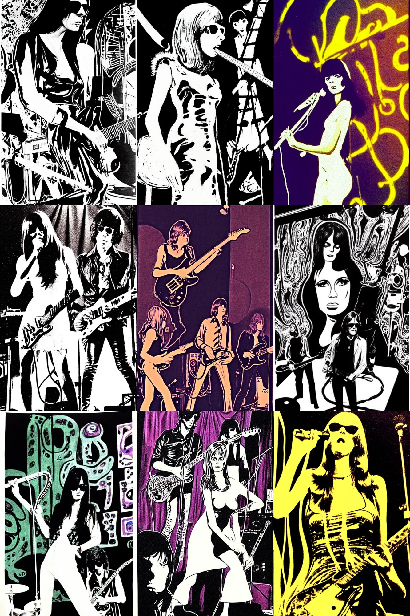 Prompt: the velvet underground playing live on stage in san francisco at a night club in 1 9 6 9, nico wearing a white dress, beautiful stage decoration in the background, art by vaughn bode, very detailed and colorful, moody, relaxed, stoned, trending on artstation