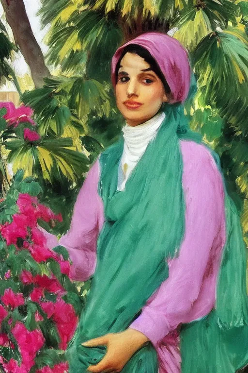 Image similar to a persian girl with agreen rabesque scarf near bougainvillea and palm trees, ahwaz city in iran, painting by john singer sargent