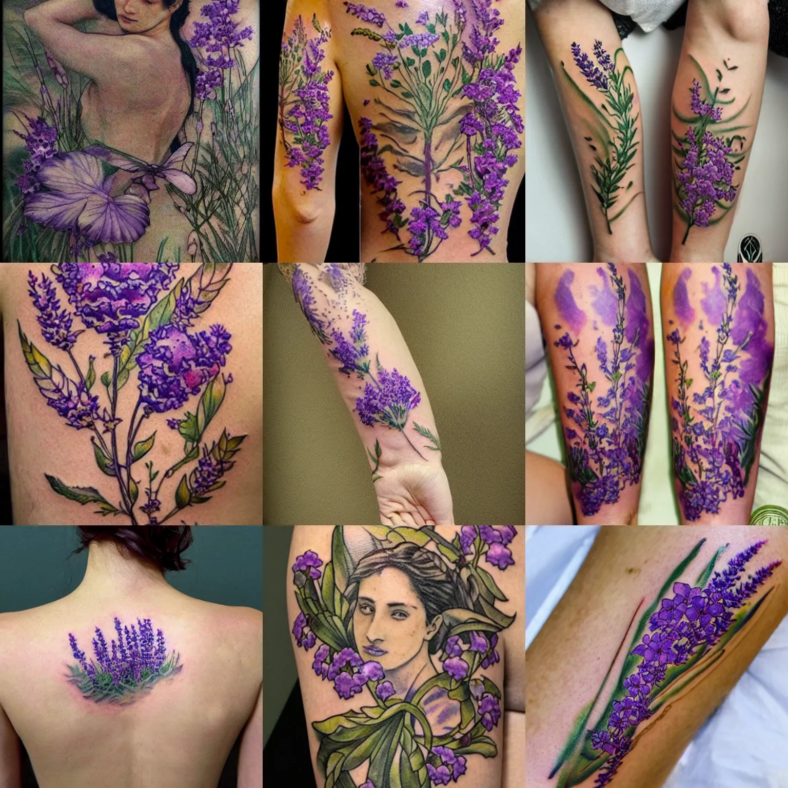 Prompt: botanical tattoo design of verbena and lavender flowers, inking on skin, tattooed by osman hamdi bey and monet