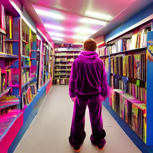 Image similar to black light photo, a man in a colorful velvet full body suit crouched inside a video rental store, nostalgia, hyper realism, the end of innocence