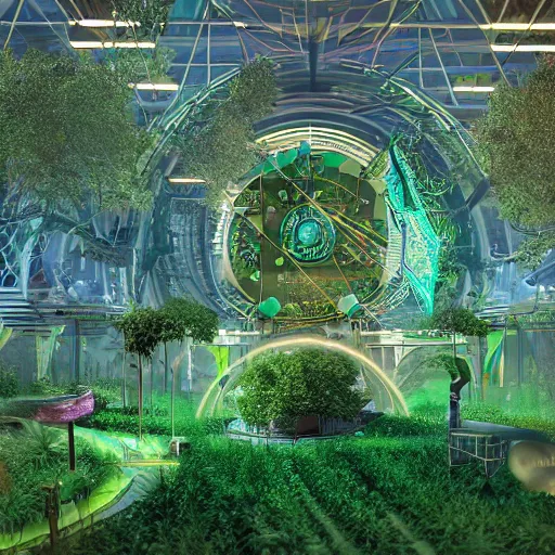 Image similar to a post - singularity solarpunk harmonic green lush overgrown utopia in which wired up the ai synthesizer on the center stage highest goal is to induce the utmost state of happiness to its people by creating and playing music, blissful, unreal, 4 k, hyperrealistic, refraction, bryce 3 d, architecture, by victor henrich, art nouveau