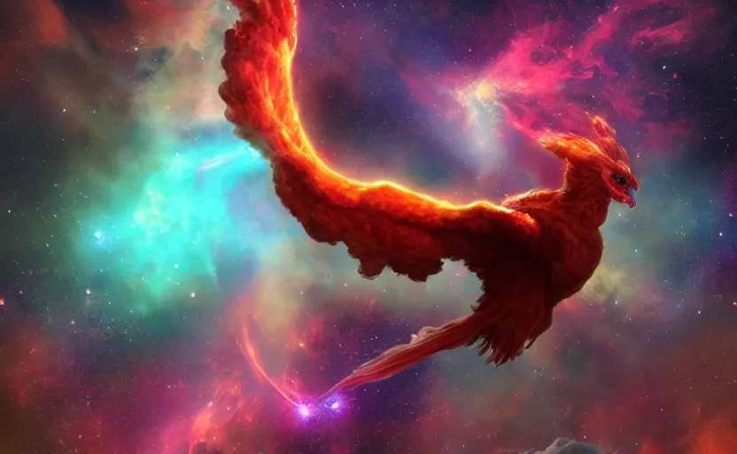 Image similar to a nebula in shape of a pheonix in space, artstation, cgsociety, highly detailed