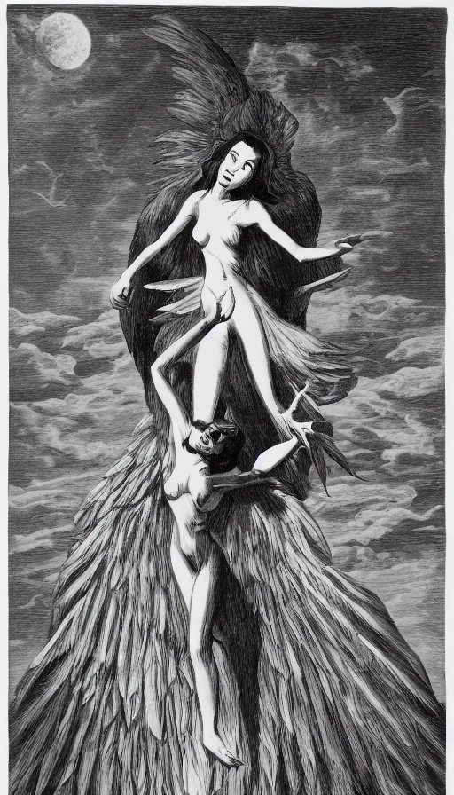 Image similar to manananggal, eerie silver engraving, high contrast