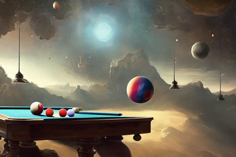 Prompt: a billiards table where the felt is made of galaxies, the balls are planets, matte painting, long shot, concept art, wide shot, digital art, trending on artstation, 4 k, extremely detailed, realistic, midday, warm colors, golden sunlight, by greg rutkowski, cinematic, epic