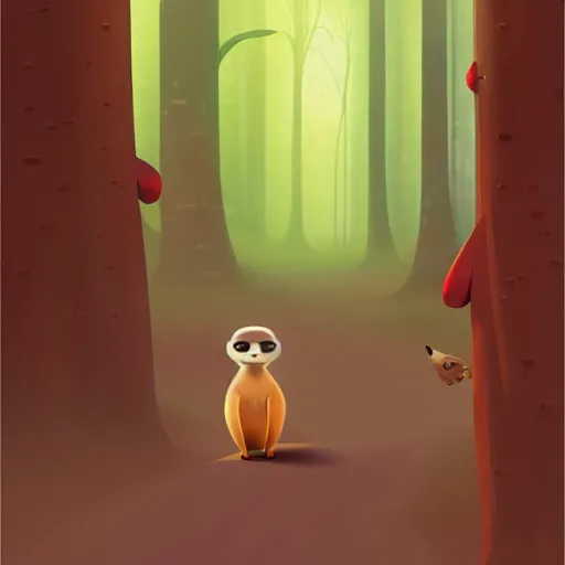 Prompt: goro fujita ilustration a beautiful meerkat walking calmly through a rain forest with the first rays of sun by goro fujita, painting by goro fujita, sharp focus, highly detailed, artstation