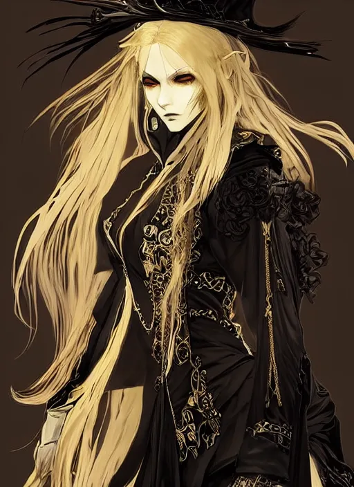 Image similar to beautiful human witch with blonde long straight hair in intricate ornate witch robe, haughty evil look, witch hat. in style of yoji shinkawa and hyung - tae kim, trending on artstation, dark fantasy, great composition, concept art, highly detailed, dynamic pose.