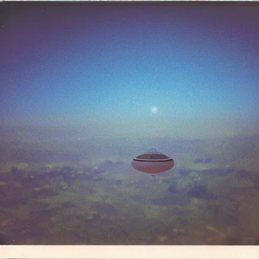 Prompt: Blue light in the sky, flying over rural Vietnam, UFO, orb, blue orb, night, 1969, Polaroid