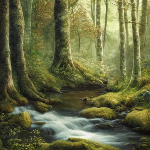 Prompt: A beautiful mixed media art of a serene and picturesque forest scene. The leaves are all different shades of green, and the sunlight is shining through the trees. There is a small stream running through the forest, and the whole scene is surrounded by mountains. avant garde, 3d render by J.C. Leyendecker rhythmic