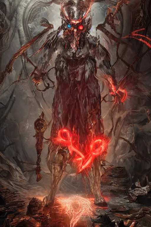 Image similar to Path of Exile, Sirius, clear [bronze] face mask, luminous red eyes, male image with bronze black armor, sitting on the throne, inside the ruined gothic church, black shadows, red lasers, dark red bloody fog, black-grey smoky tornadoes fly around, [[blood]], Anachronism, painting, dark fantasy, steampunk, 4k, perfect quality,