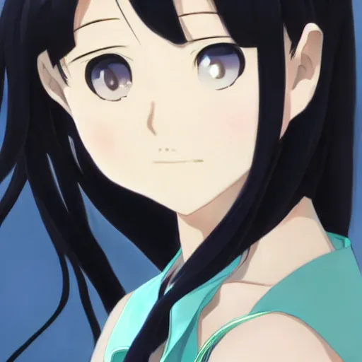 Image similar to a girl in her 2 0 s with wavy black hair by makoto shinkai and tomoyuki yamasaki, trending on pixiv