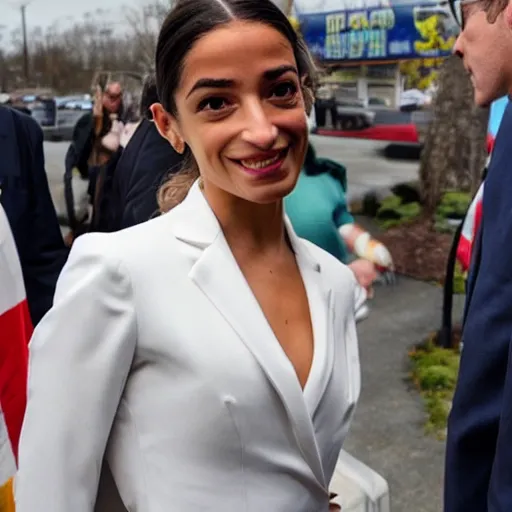 Image similar to photo of aoc as a blond caucasian woman, white dress