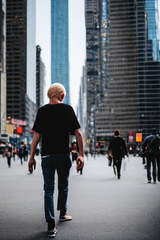 Prompt: blond man larger than skyscrapers walks around the city, ground view, highly detailed, canon eos r 3, f / 1. 4, iso 2 0 0, 1 / 1 6 0 s, 8 k, raw, unedited