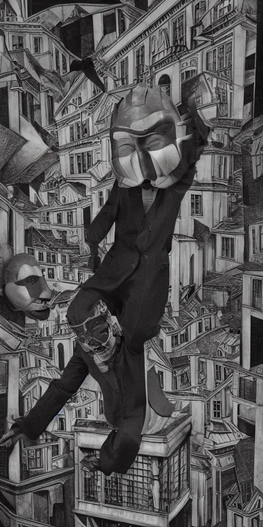 Prompt: faceless man flies through an MC Escher city, wearing a comedy mask in elizabethan boots and ruff, dramatic theater lighting