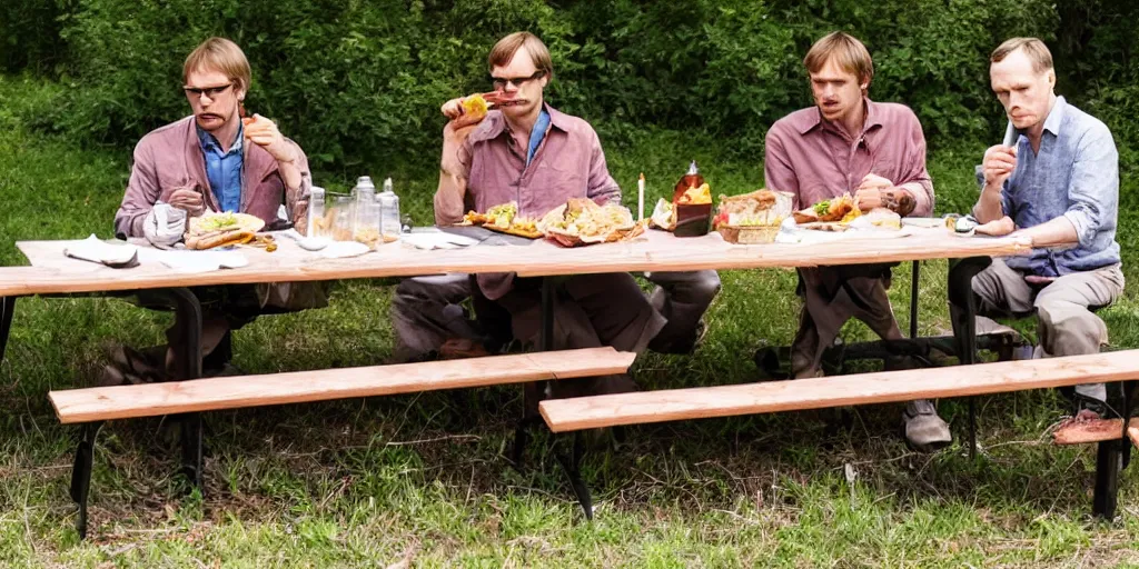 Image similar to photo of jeffrey dahmer and hannibal lecter eating lunch at a picnic table, highly detailed, 4 k