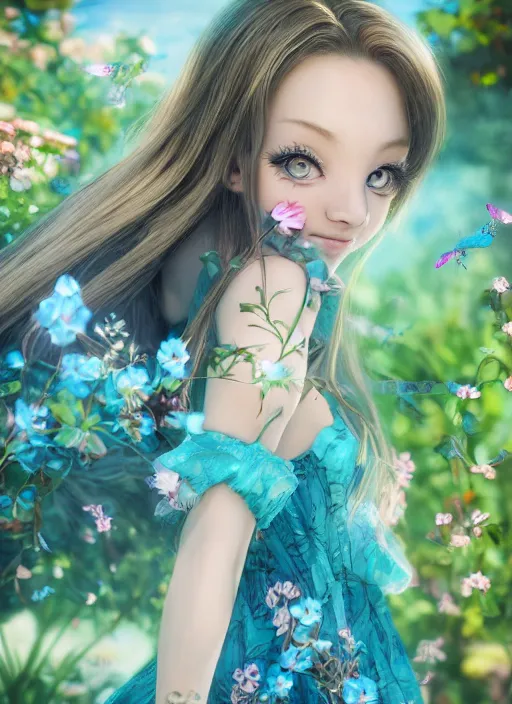 Prompt: portrait of a cute beautiful young woman, with long turquoise hair, big cute eyes, and a blue dress, in a garden full of flowers and Butterflies, intricate jewelry, genshin impact, realistic anime, backlit, volumetric lighting, strong rim light, subsurface scattering, sharp focus, excellent composition, octane render, trending on artstation, 8k