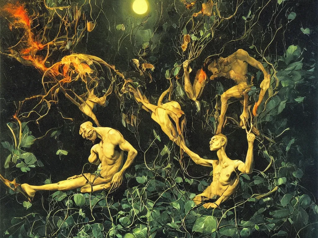 Prompt: Tormented man holding a flame with the strange reptile, diaphanous, fungi, ivy creatures of Neptune. Surreal, melancholic, vortex river, fumes, far away sunset. Painting by Caravaggio, Roger Dean