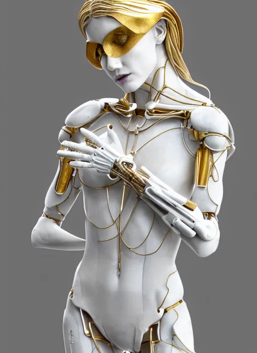 Image similar to a statue made of white marble with gold veins, of an beautiful gorgeous futuristic cybernetic angel girl, prostheses, transhumanism, full body shot, perfect symmetrical body, perfect symmetrical face, hyper realistic, hyper detailed, by johannen voss, by peter kemp, by monia merlo, by michelangelo, octane render, blender, 8 k