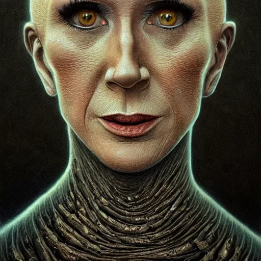 Image similar to portrait of kathy griffin, horror art by beksinski and szukalski and giger and and pyromallis and dzo and iris compiet and seb mckinnon, digital art, highly detailed, intricate, sharp focus, trending on artstation hq, deviantart, pinterest, unreal engine 5, 4 k uhd image