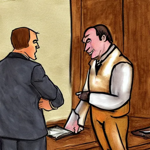 Prompt: Shrek being defended in court by Saul Goodman, detailed hyperrealistic photograph